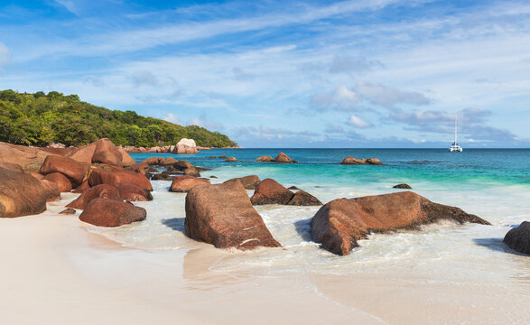 Anse Lazio beach view, panoramic photo taken on a sunny day. Coastal landscape of Praslin island, Seychelles