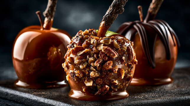 Gourmet caramel and nut coated candy apples. Decadent, rich, and moody seasonal dessert photography for autumn culinary blogs or festive dessert menus.