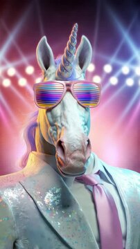 cool unicorn with sunglasses celebrate party in disco vertical video