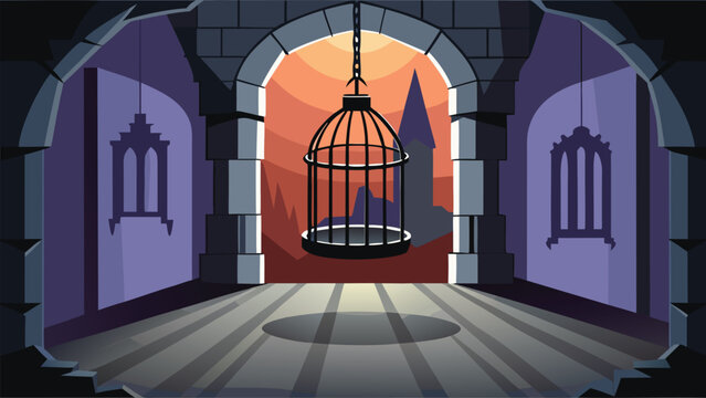Empty hanging bird cage inside a dark stone castle archway with birdcage medieval architecture interior historical abandoned dramatic background conceptual imprisonment confinement fortress