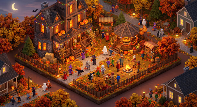 Night atmosphere of a halloween festival celebration in a residential neighborhood decorated with decorative lights and Cucurbita pepo pumpkins.