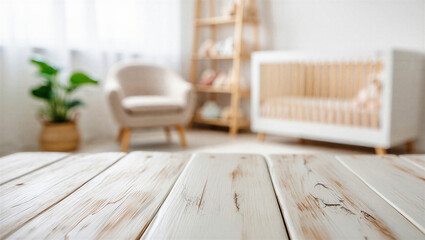 Empty wooden table foreground with blurred baby nursery background interior background foreground © PG Studio