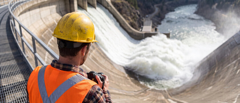 Engineer in hard hat and safety vest taking photos of water spilling from a dam