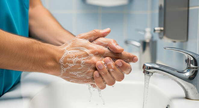 Close-up of hands being washed with soap and water in a sink