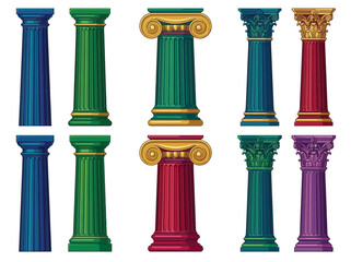 Obraz premium Classic decorative pillars collection featuring various colorful architectural columns with ornate capitals isolated on a clean white background for design