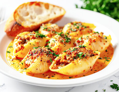 Cajun stuffed pasta shells, white plate. AI