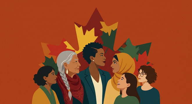 Illustration of a group of multicultural women from diverse cultural backgrounds against a silhouette background of Acer maple leaves.