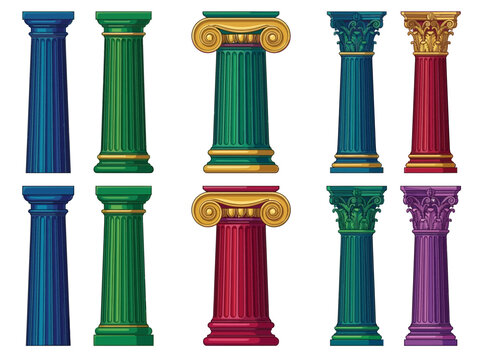 Classic decorative pillars collection featuring various colorful architectural columns with ornate capitals isolated on a clean white background for design