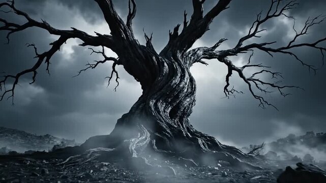 A lone gnarled dead tree with twisted leafless branches stands in a dark barren rocky landscape under a dramatic heavy overcast sky with low ground fog and misty atmosphere.