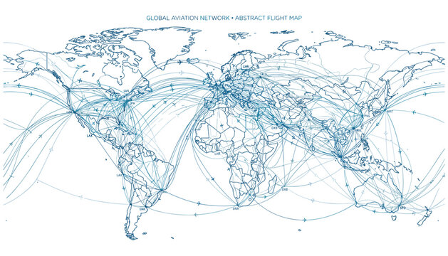 Global aviation network abstract flight map with flight paths connecting major cities.