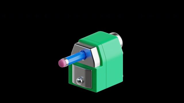 Blue pencil and green mechanical sharpener in a sharpening. 4K and looping 3d animation on transparent background for back to school educational environments, commercial student stationery concepts.