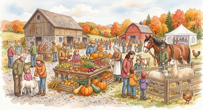 Autumn farmers market in countryside featuring vegetable fruit pumpkin stands and farm animals like sheep llama and horse