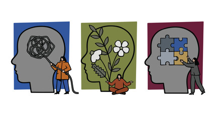 Fototapeta premium Mental health concept vector, psychological therapy and brain wellness illustration, human head profiles with puzzle and flowers for mindfulness