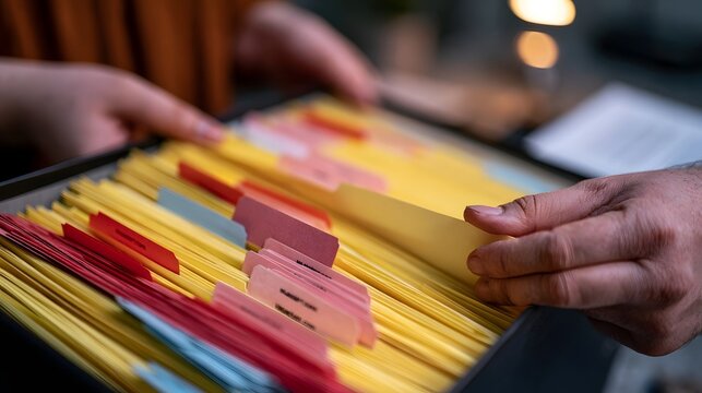 Hands organizing colorful file folders with tabs in a tray for document management and record keeping