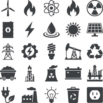 Energy production and power source icon set including renewable green energy fossil fuels nuclear electricity and industrial utility symbols with electricity renewable industry generator