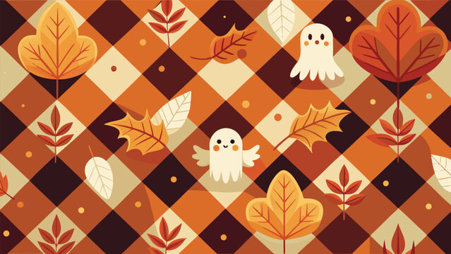 Cute ghost and fall leaves pattern illustration with halloween background seasonal illustration wallpaper creative celebration whimsical wrapping minimalist backdrop stylized colorful
