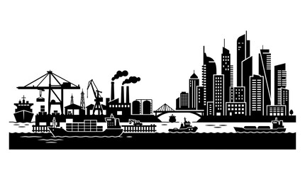 Obraz premium Industrial cityscape with harbor and shipping vessels black and white illustration