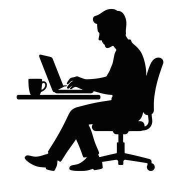 Businessman working on laptop, office worker silhouette, desk and chair, computer user icon isolated on White Background