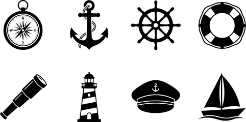 Black nautical and maritime equipment icon set for navigation and sailing themes with steering wheel sea travel marine tools ocean adventure lifering telescope lighthouse sailboat © tecna
