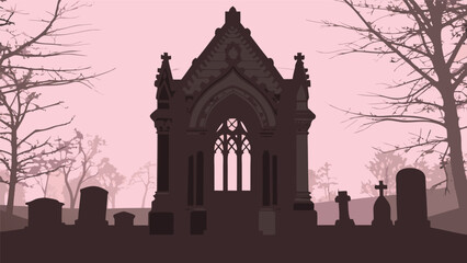 Obraz premium Gothic tomb and old graveyard headstones against a soft pink sunset sky with graveyard cemetery tombstone silhouette architecture churchyard mausoleum mysterious landscape monument heritage