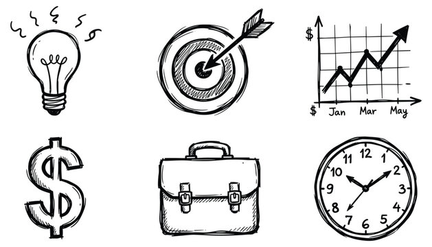 Business and finance icons doodle hand drawn lightbulb target graph dollar.