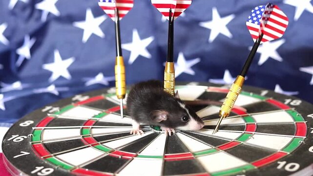 Tiny rat walks on a dartboard while metallic darts are stuck in the surface with an American flag displayed as a patriotic background for the animal