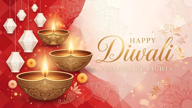 Happy Diwali festival of lights greeting card with lit diyas and decorations on a red background