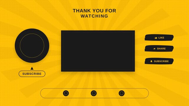 Modern YouTube end screen overlay template with animated social media call to action buttons and blank video placeholders on a vibrant yellow radial background for channel growth and content engagemen