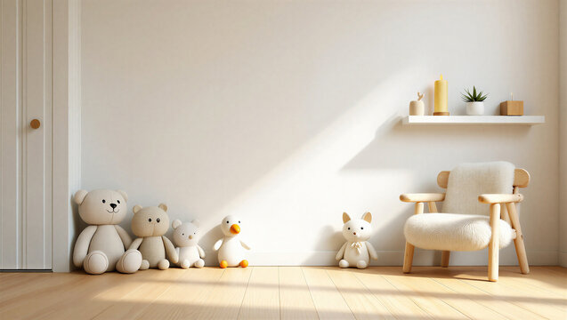Cozy minimalist nursery room with stuffed animal toys interior minimalist furniture childhood