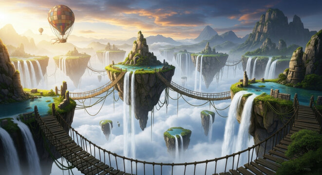 Floating islands connected by bridges in a fantasy landscape with waterfalls.