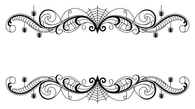 Elegant Halloween border frame with decorative gothic scroll swirls, spider webs, and hanging spiders, black vintage line art on white background ok