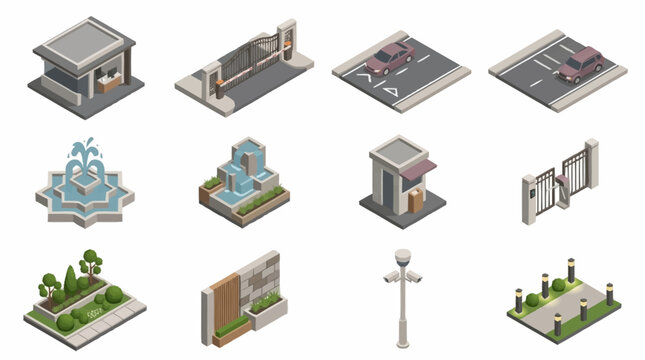 Isometric illustration of various architectural and urban elements.