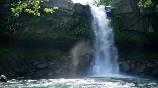 Tranquil waterfall cascading over mossy rocks in lush forest. Serene nature scene with flowing stream and verdant greenery for peaceful backgrounds.