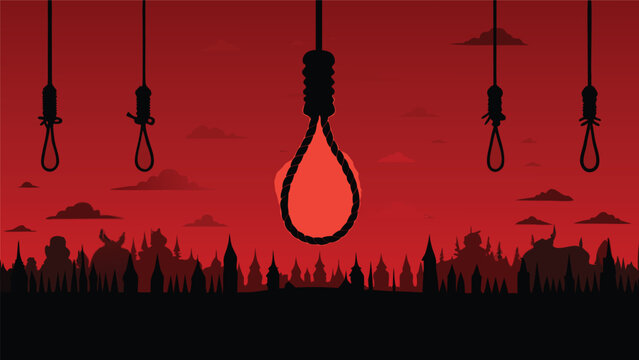 Silhouette of multiple hangman nooses against a dramatic dark red sky at sunset with silhouette execution dramatic atmospheric conceptual punishment horrific menacing abstract illustration