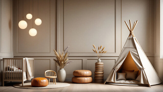 Modern nursery interior with teepee tent and wooden crib interior minimalist lifestyle furniture