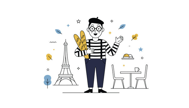 French mime artist wearing a striped shirt and beret holding a baguette with the Eiffel Tower in the background for a Paris theme.