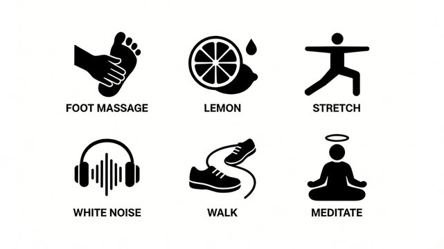 The set of minimalist silhouette icons for relaxing the senses through exercise represents the concepts of foot relaxation, body stretching, meditation, and daily stress relief.
