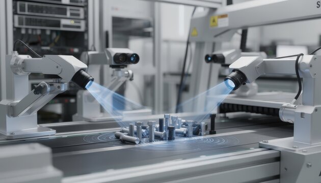 Medium shot showcasing automated cameras scanning threaded fasteners for dimensional errors and thread inconsistencies using advanced AI analysis.