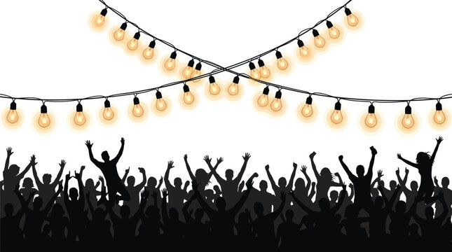 Cheerful crowd silhouettes dancing under glowing string lights in this vibrant vector graphic party illustration