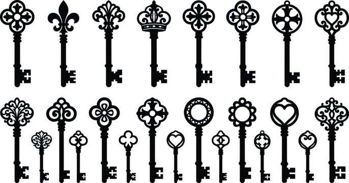 Vintage Ornamental Skeleton Keys Collection Decorative Antique Vector Illustration Design Elements
