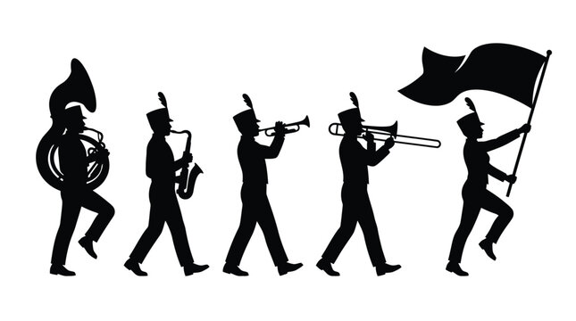 Black silhouette vector illustration of a marching band performing with musical instruments and a flag