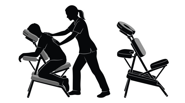 Professional therapist performing a relaxing chair massage on a client in this clean vector graphic illustration
