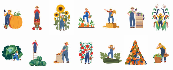 Fototapeta premium Collection of flat vector illustrations featuring farmers and gardeners harvesting oversized organic vegetables, fruits, and grains in a whimsical agricultural setting.