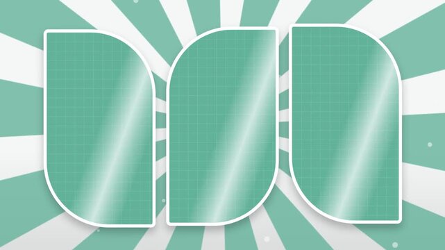 Abstract green geometric shapes scrolling horizontally in a seamless loop over a rotating retro sunburst pattern for a dynamic modern presentation with blank text placeholders