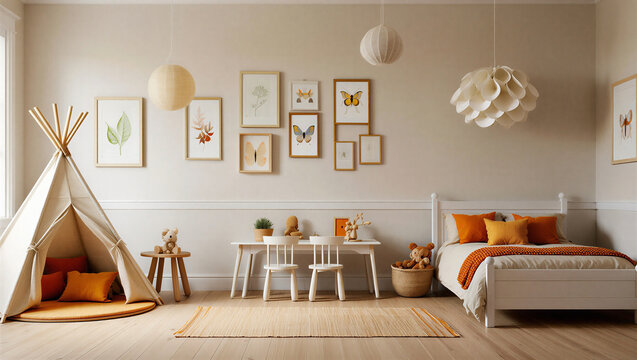 Charming kids bedroom interior with teepee tent and nature inspired decor children interior
