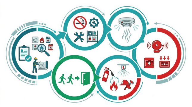 Fire safety equipment and procedures addressing fire extinguishers, sprinklers, and alarms for safety measures in an industrial environment.