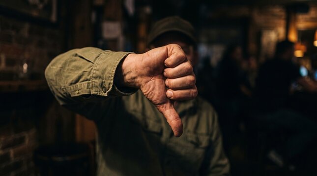 Closeup of a man in a green shirt giving a thumbs down gesture in a dimly lit bar setting