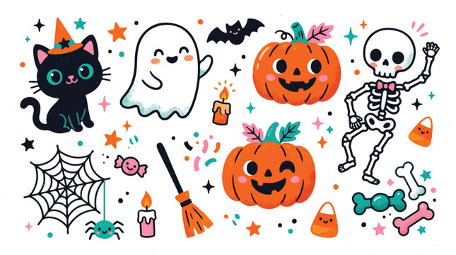 A colorful collection of hand-drawn kawaii illustrations features a friendly ghost, a black cat in a witch hat, smiling pumpkins, and a waving skeleton surrounded by candy and stars