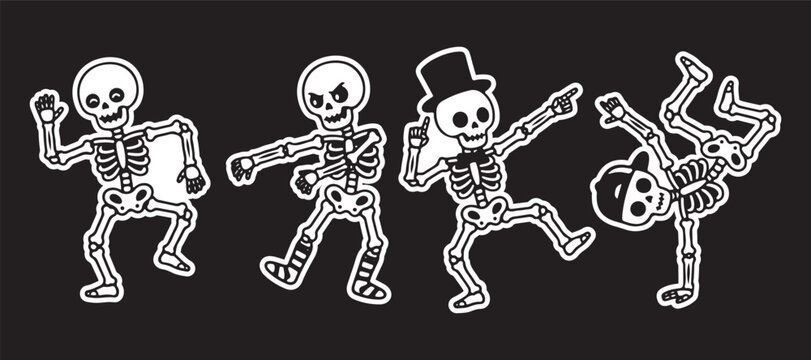 Dancing skeletons set. Funny cartoon characters celebrating Halloween party.