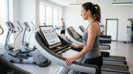 Fototapeta premium Fitness-focused woman viewing treadmill console in contemporary gym